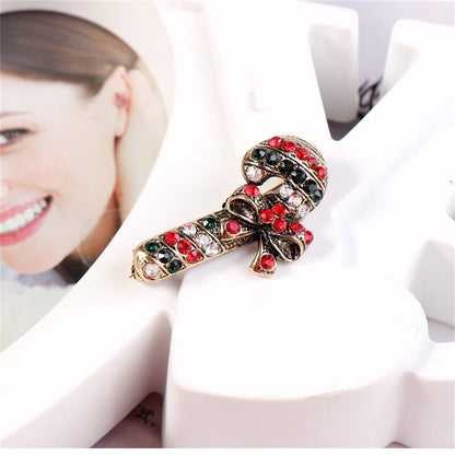 Black Cubic Zirconia & Goldtone Candy Cane Brooch