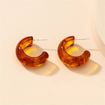 Amber Resin & Silvertone Huggie Earrings