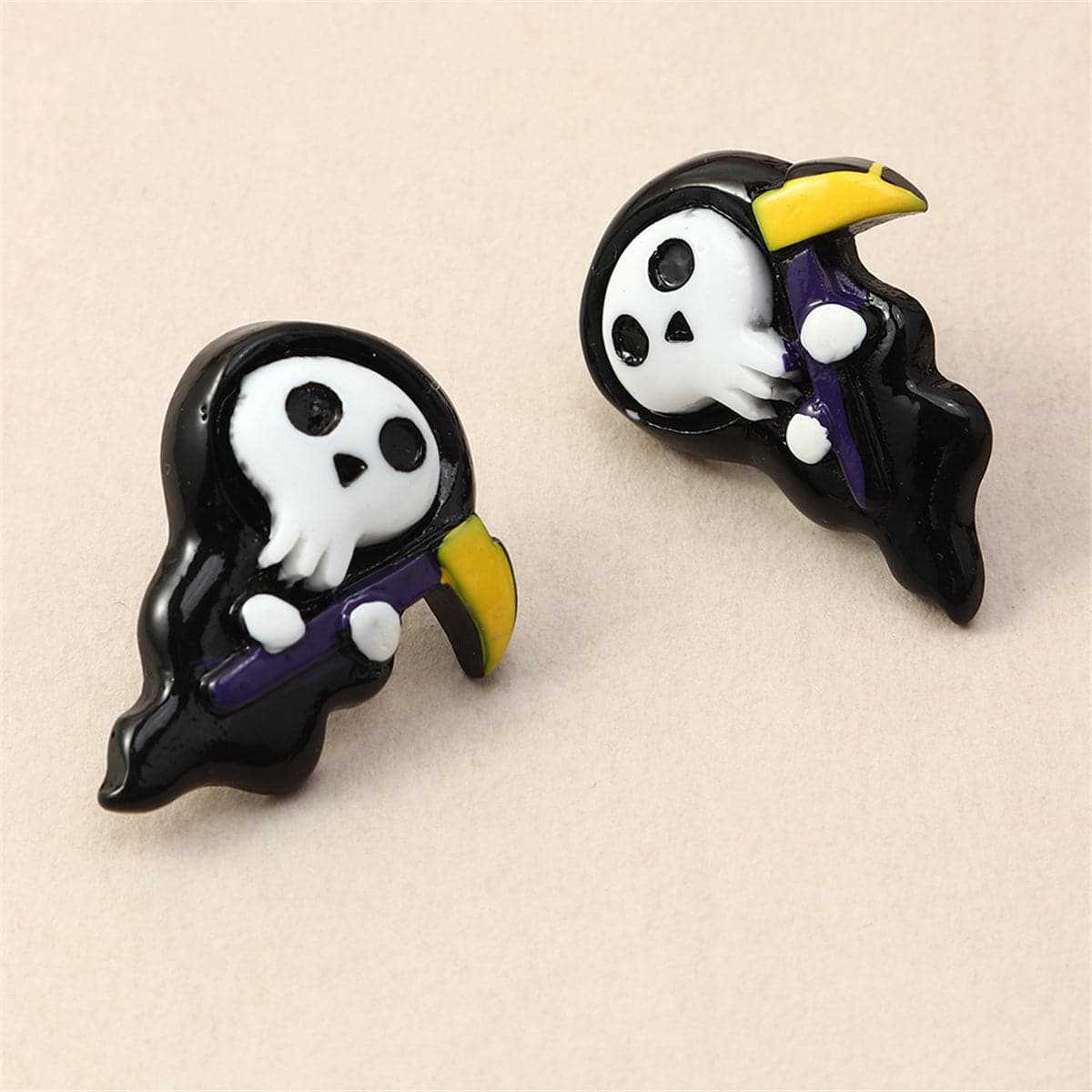 Black & Silvertone Death Stud Earrings