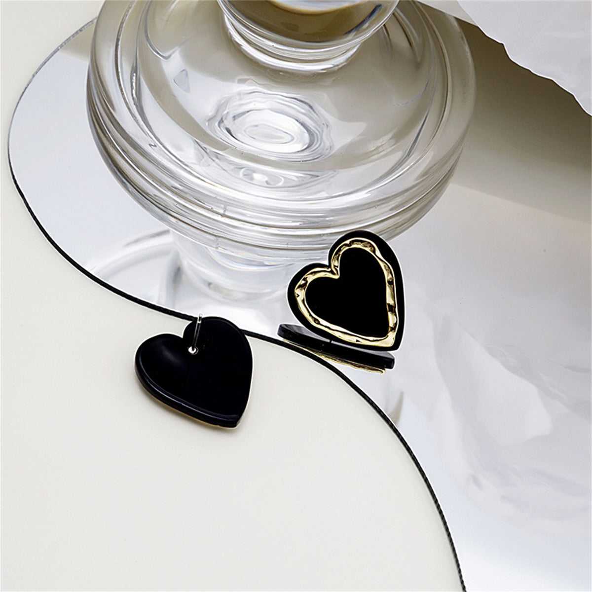 Black Acrylic & Goldtone Heart Stud Earrings