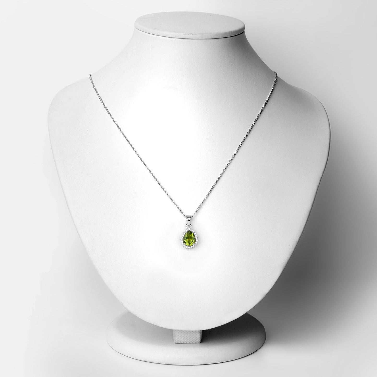 Genuine Peridot and Lab Diamond Silver Pear Halo Necklace