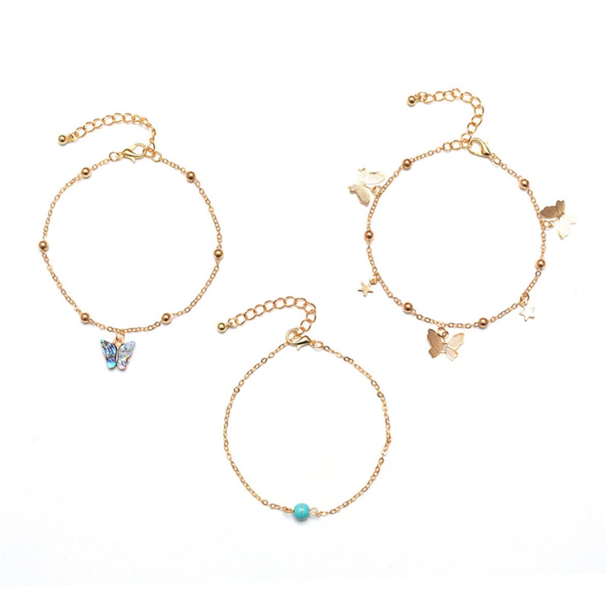 Abalone Shell & Turquoise Goldtone Butterfly Anklet Set