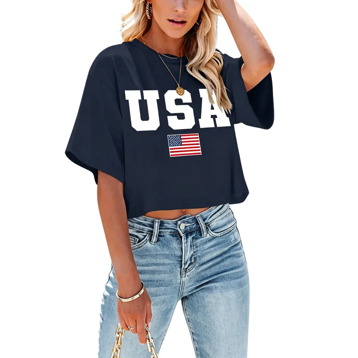 4th of July USA Printed Cropped Shirt