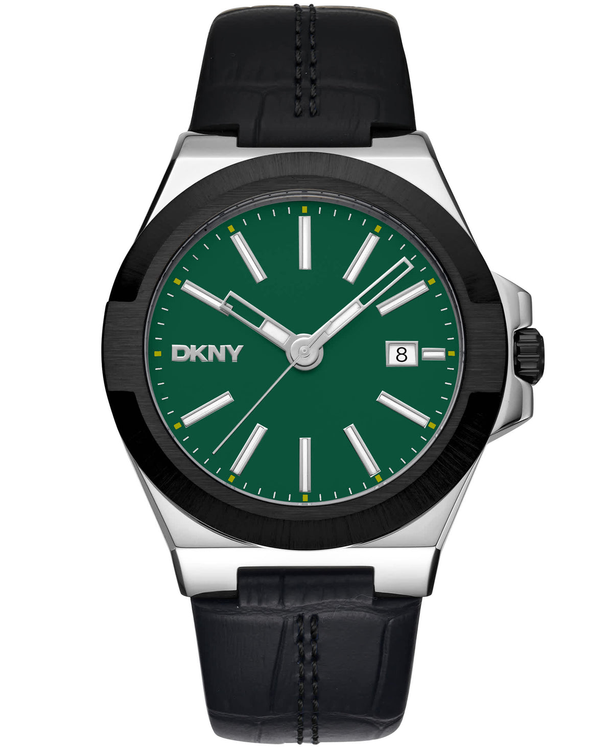 Dkny Men Watch, Two Tone Silver & Black Color Case, Dark Green Dial, Black Leather Strap, 3 Hands Date, 10 Atm