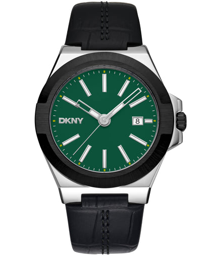 Dkny Men Watch, Two Tone Silver & Black Color Case, Dark Green Dial, Black Leather Strap, 3 Hands Date, 10 Atm