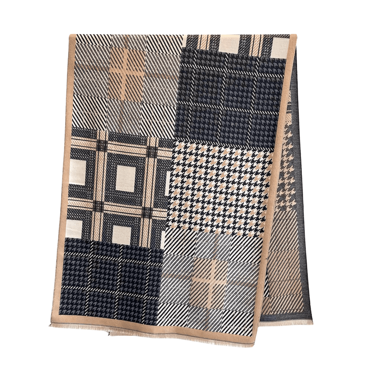 Beige & Black Striped and Houndstooth Patterned Scarf