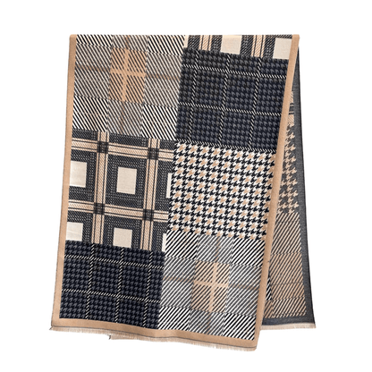 Beige & Black Striped and Houndstooth Patterned Scarf