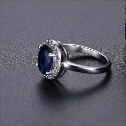 Blue Crystal & Cubic Zirconia Silvertone Halo Oval Ring