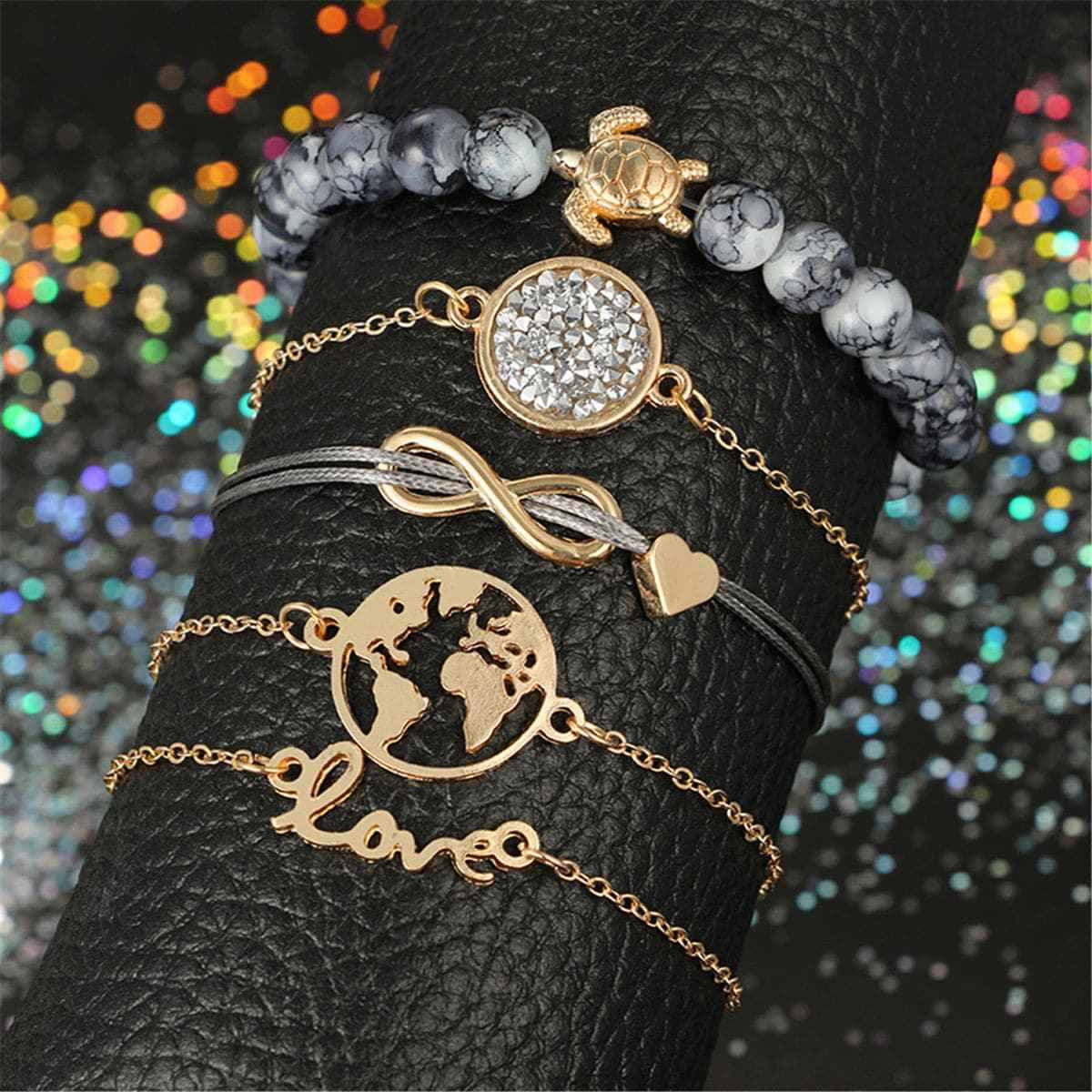 Black Agate & Cubic Zirconia Goldtone Tortoise Charm Bracelet Set