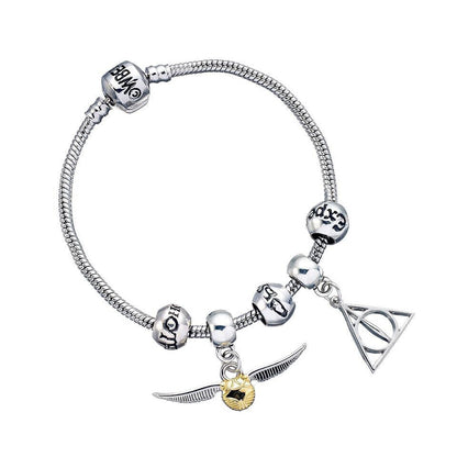 Harry Potter Silver Plated Bracelet with three Spell beads, Deathly Hallows & Snitch Charms- HP0090