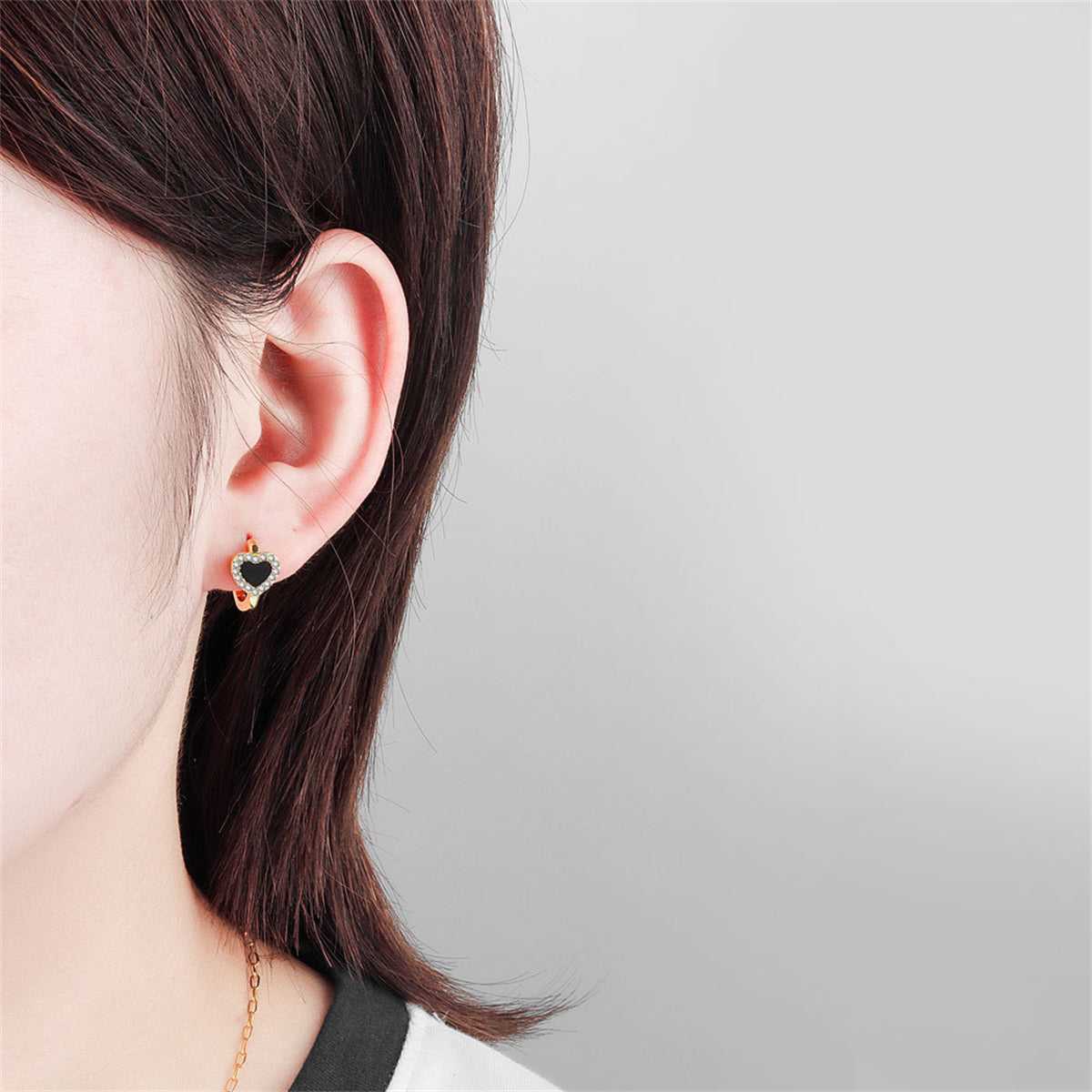Black Acrylic & Cubic Zirconia Goldtone Heart Halo Huggie Earrings