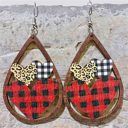 Red & Brown Wood Plaid Hearts Openwork Teardrop Earrings