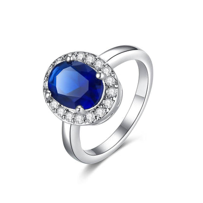 Blue Crystal & Cubic Zirconia Silvertone Halo Oval Ring