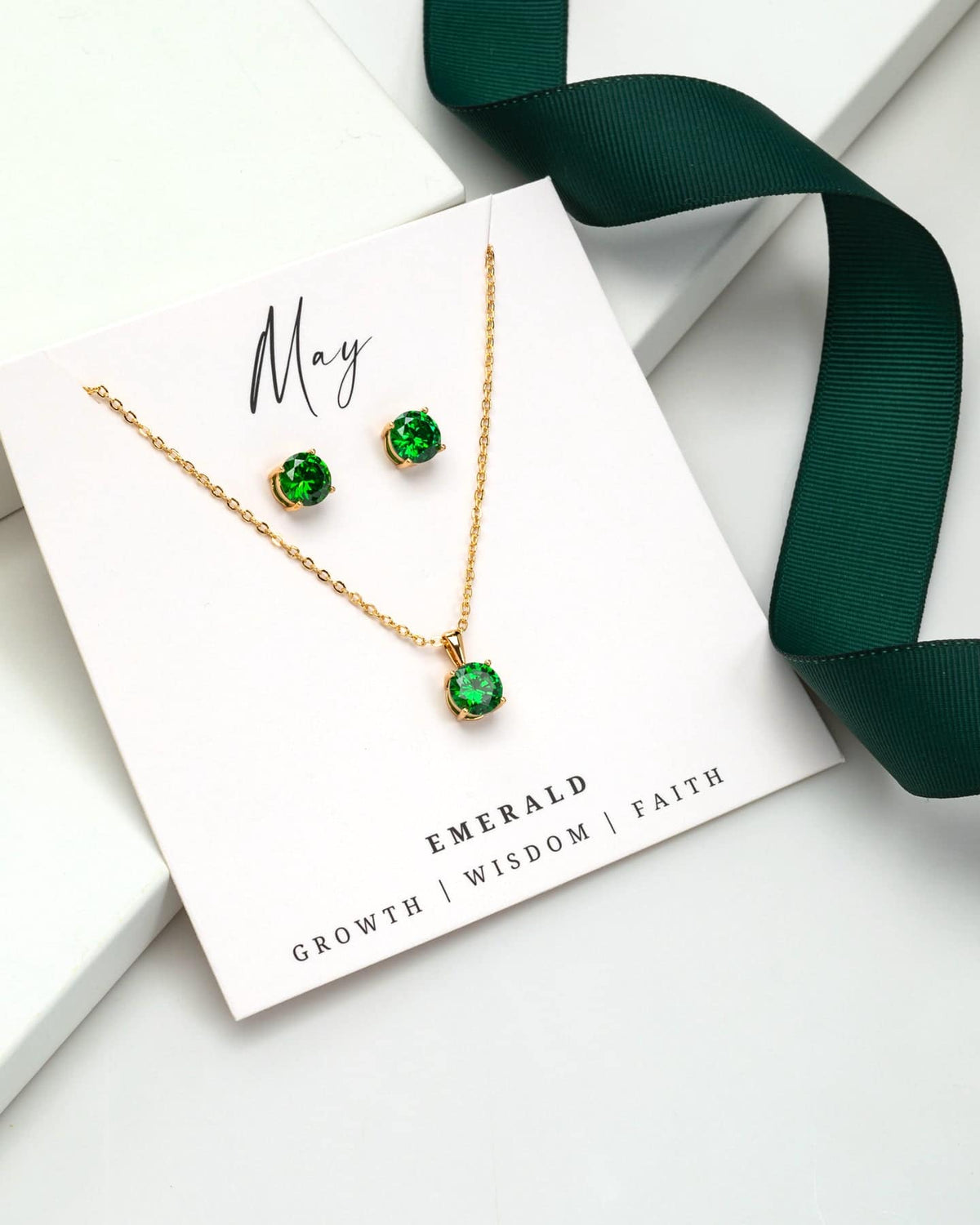 Gold Emerald - May Swarovski Crystal Necklace Earrings – Cz Birthstone Stud Earring Circular Pendant Set