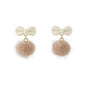 Beige Enamel & Blush Pom-Pom Bow Drop Earrings