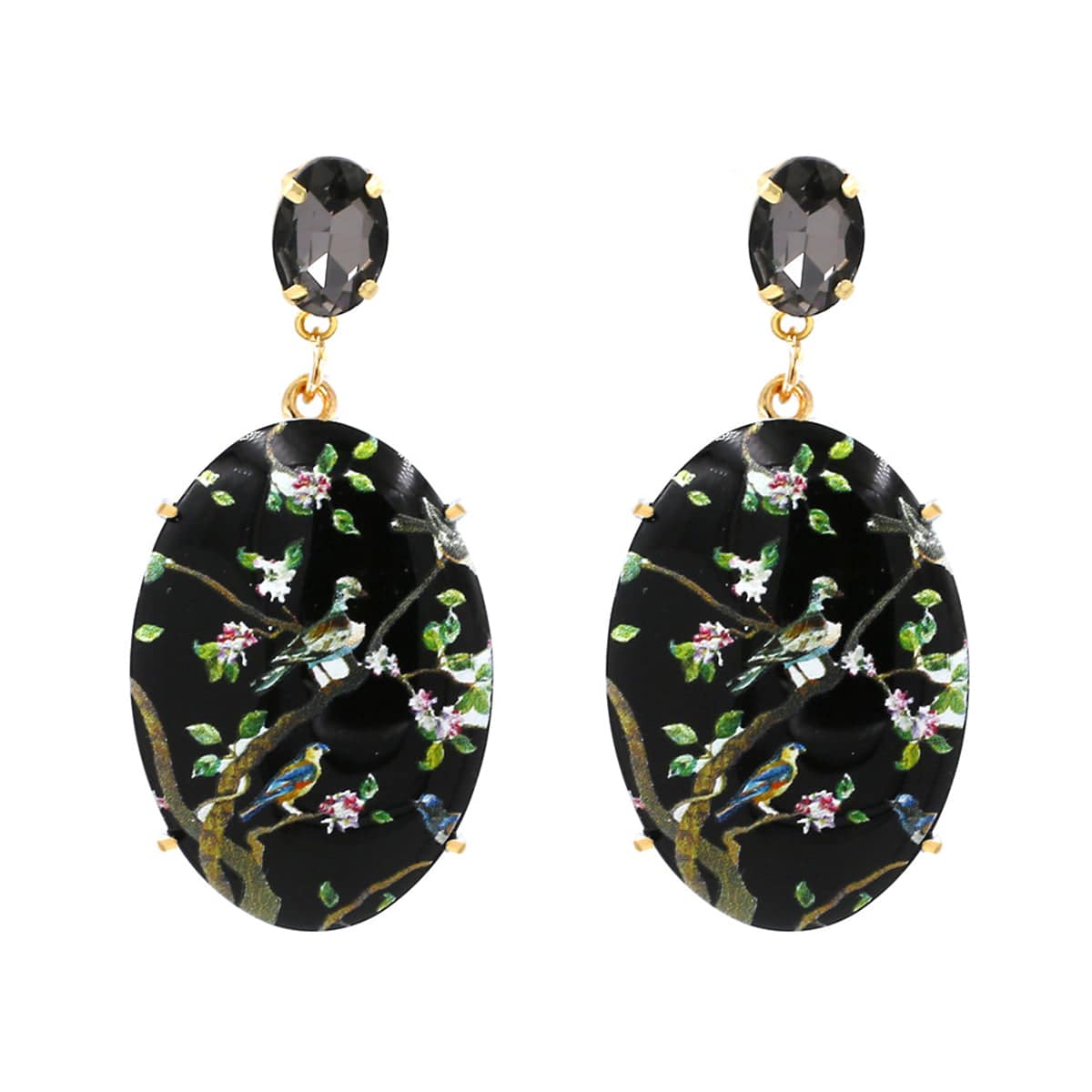 Black Crystal & Goldtone Bird Branch Oval Drop Earrings