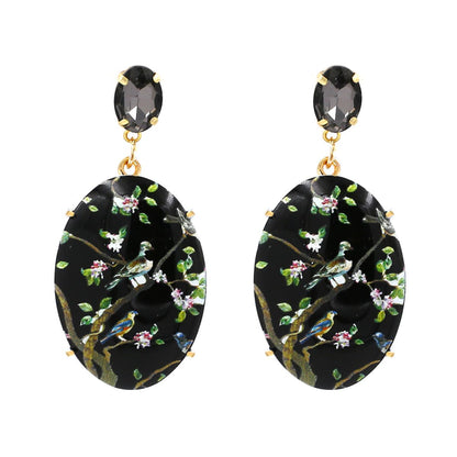 Black Crystal & Goldtone Bird Branch Oval Drop Earrings