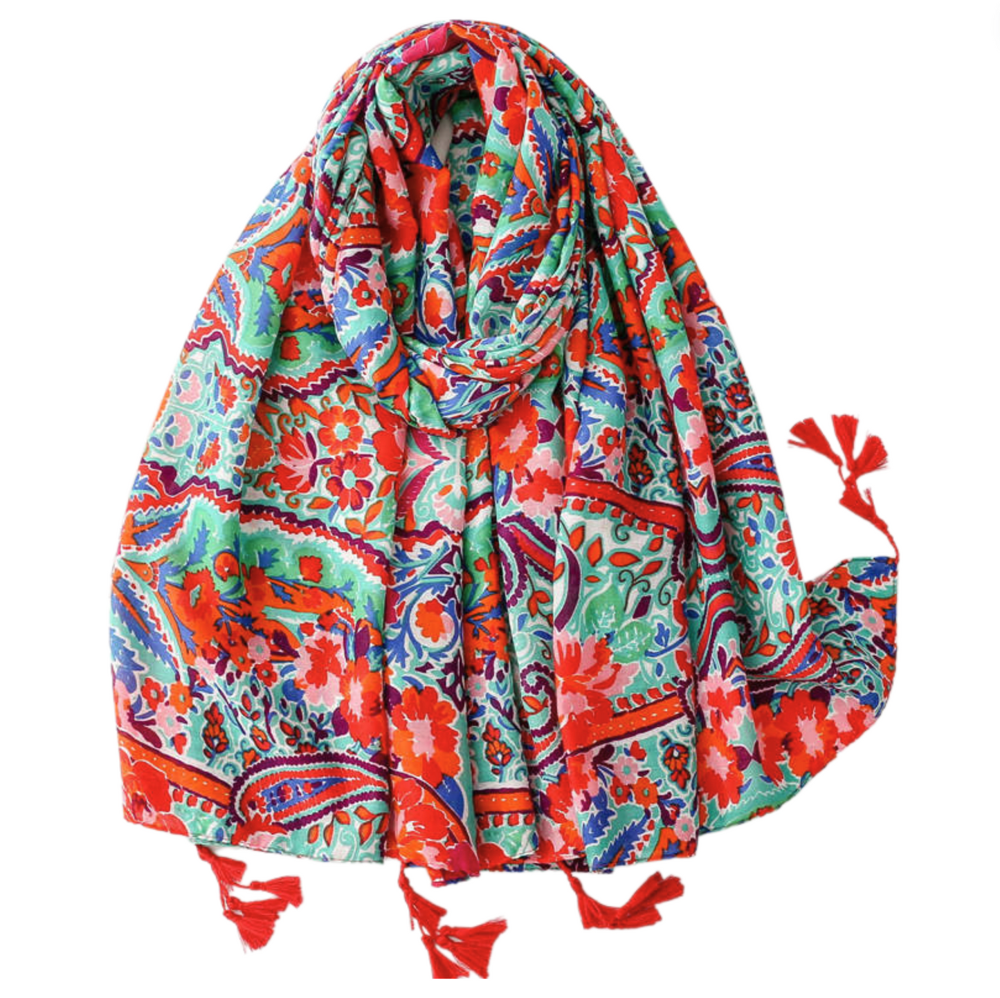 Festive Floral Red and Mint Scarf with Tassels
