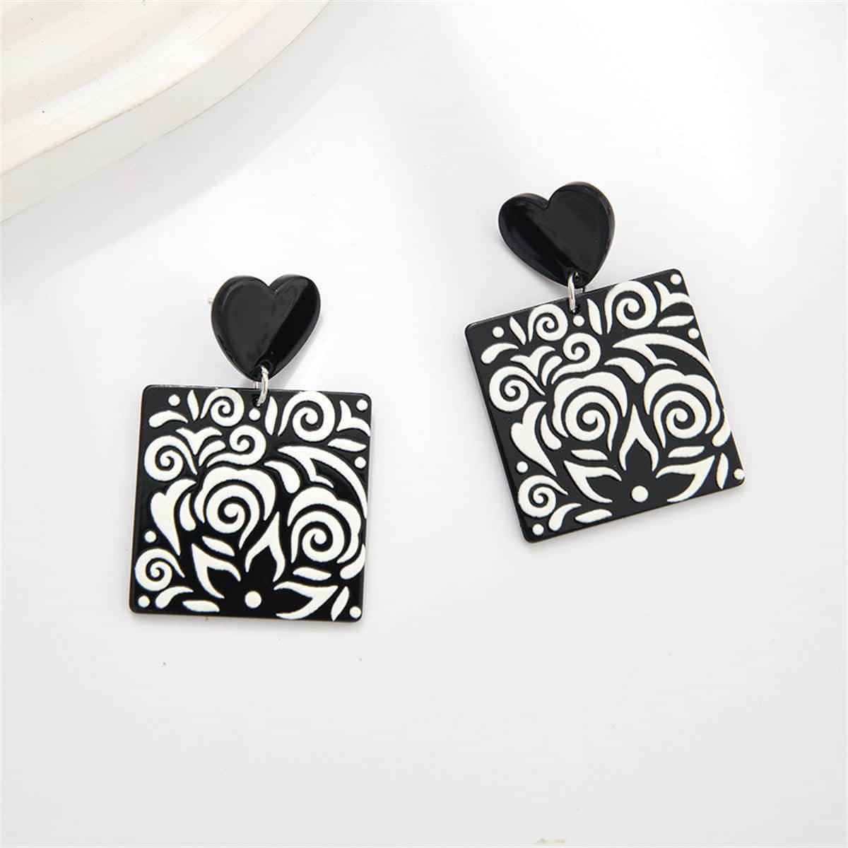 Black Acrylic Heart Swirl Earrings