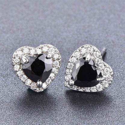 Black Crystal & Cubic Zirconia Silvertone Halo Heart Stud Earrings