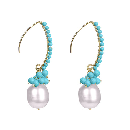 Dangle Freshwater Pearl and Turquoise Earrings 18K Plated Sterling Silver