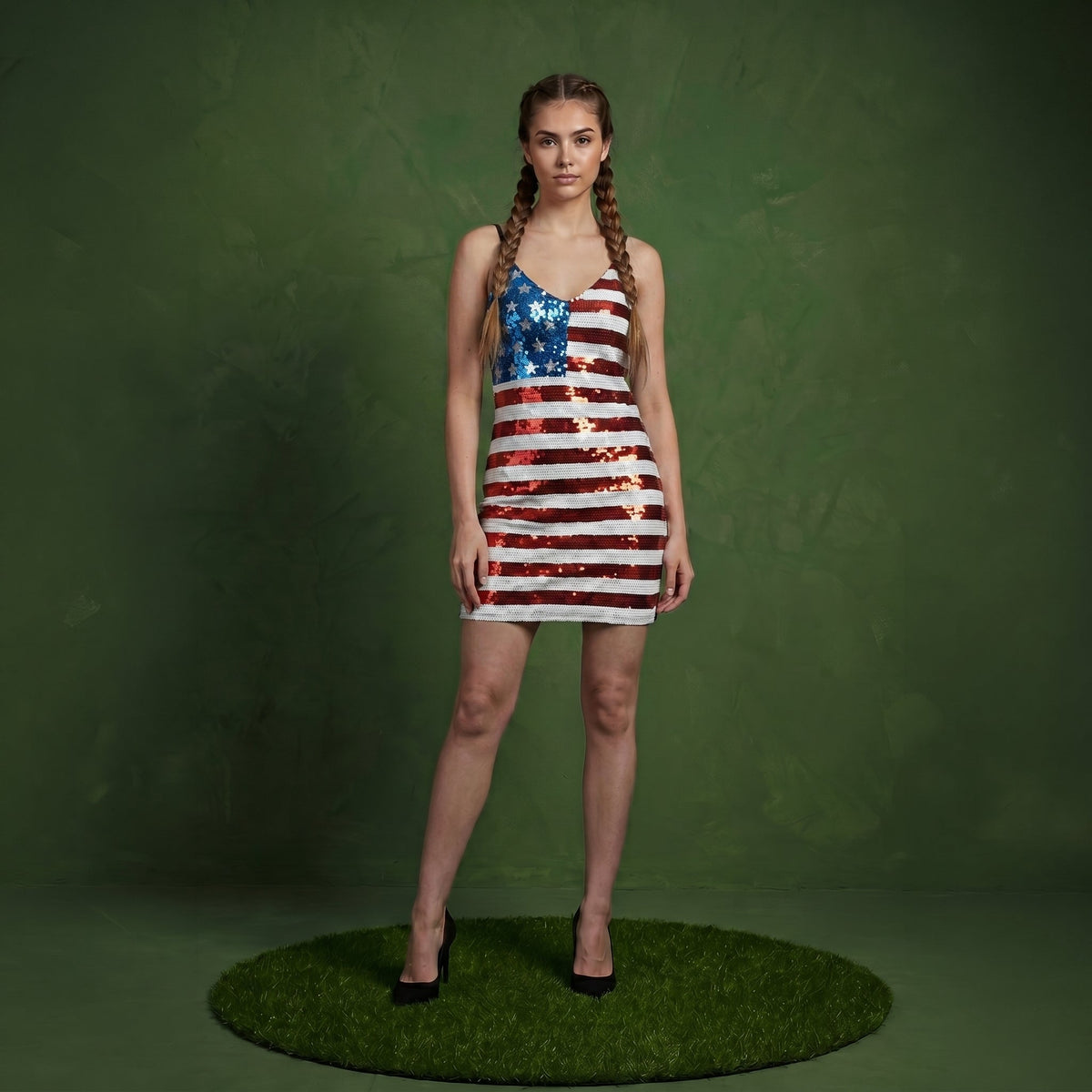 Spaghetti Strap Sleeveless USA American Flag Patriotic Sequin Dress
