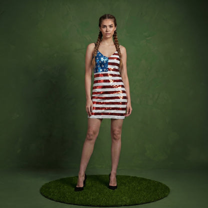 Spaghetti Strap Sleeveless USA American Flag Patriotic Sequin Dress