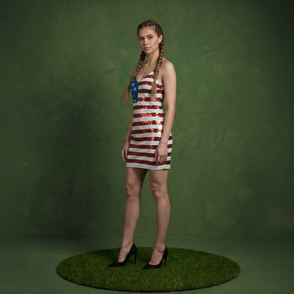 Spaghetti Strap Sleeveless USA American Flag Patriotic Sequin Dress