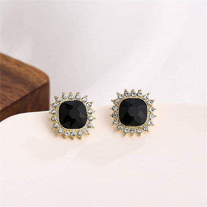 Black Crystal & Goldtone Square Halo Stud Earrings