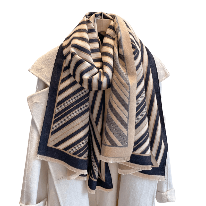 Beige & Black Striped Fringe-Trimmed Scarf