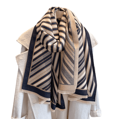Beige & Black Striped Fringe-Trimmed Scarf