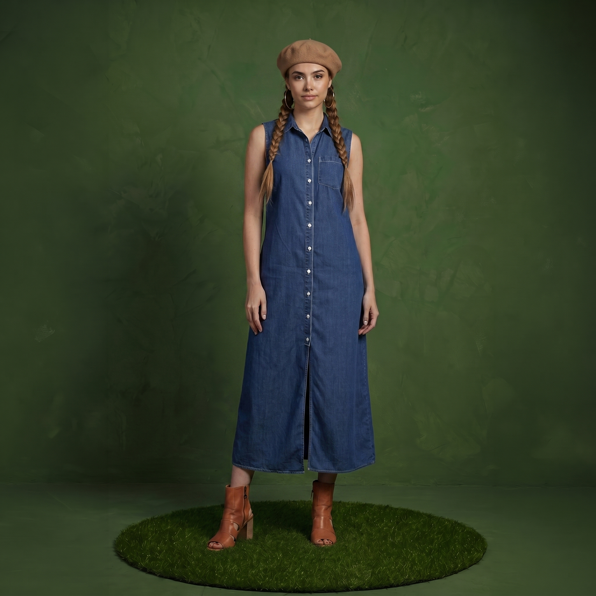 Classic Button-Down Collar Denim Shirt Dress