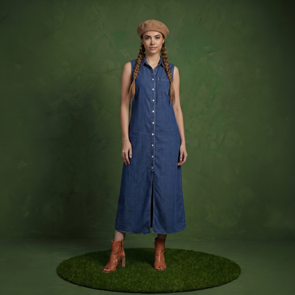 Classic Button-Down Collar Denim Shirt Dress