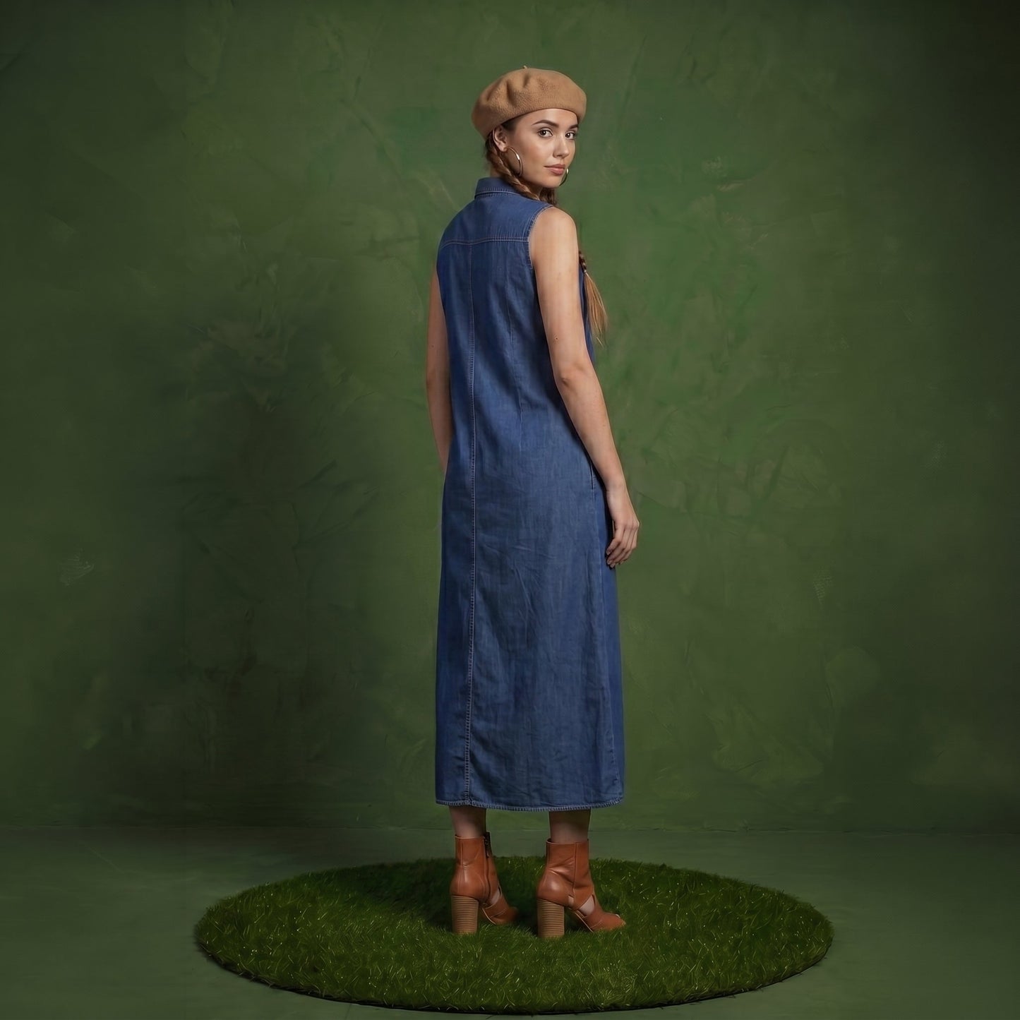 Classic Button-Down Collar Denim Shirt Dress