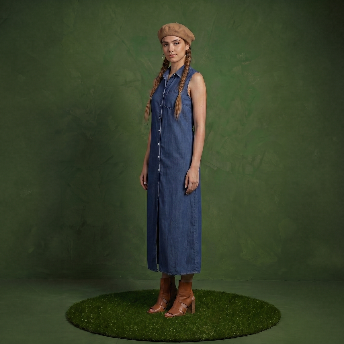 Classic Button-Down Collar Denim Shirt Dress