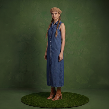 Classic Button-Down Collar Denim Shirt Dress
