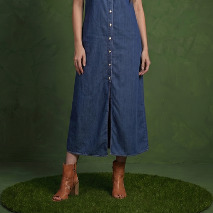 Classic Button-Down Collar Denim Shirt Dress
