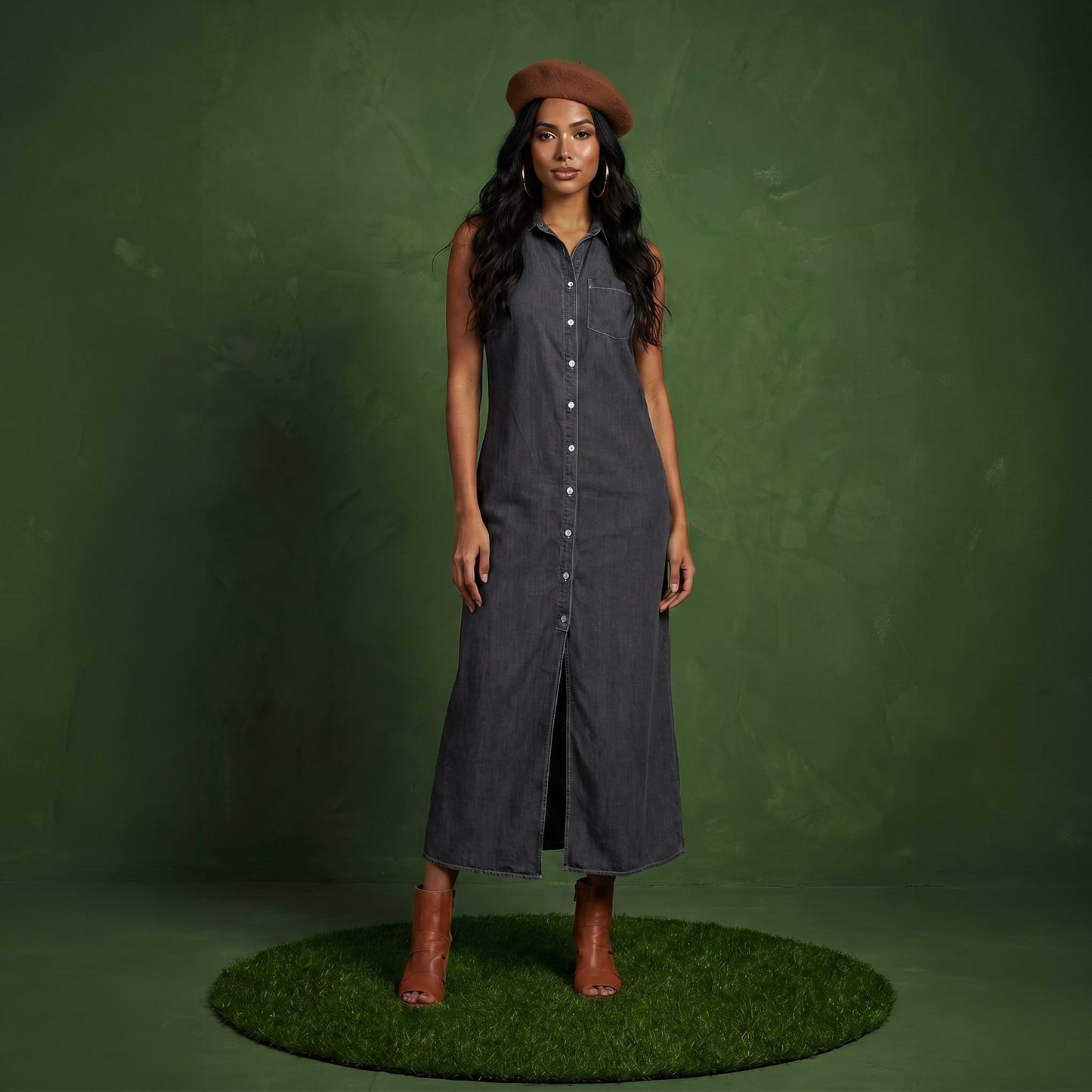 Classic Button-Down Collar Denim Shirt Dress