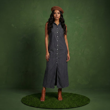 Classic Button-Down Collar Denim Shirt Dress