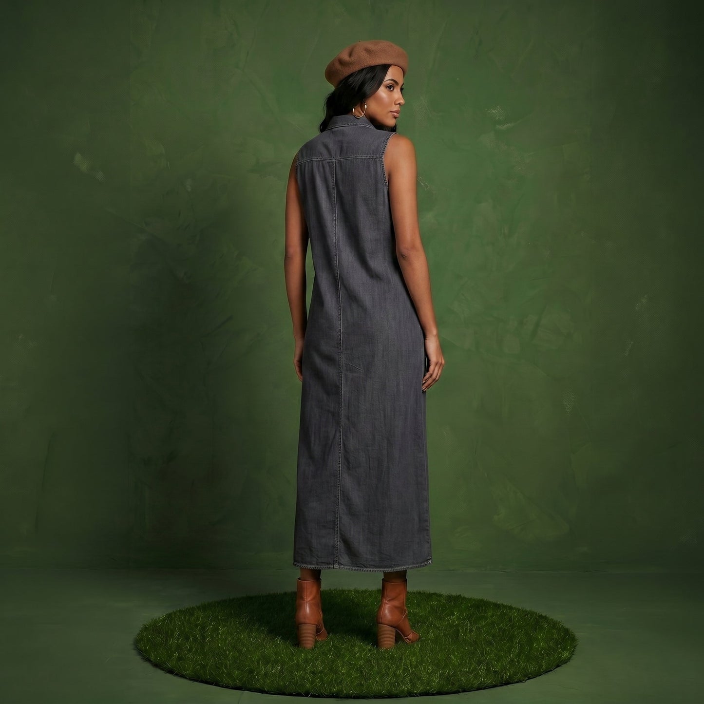 Classic Button-Down Collar Denim Shirt Dress