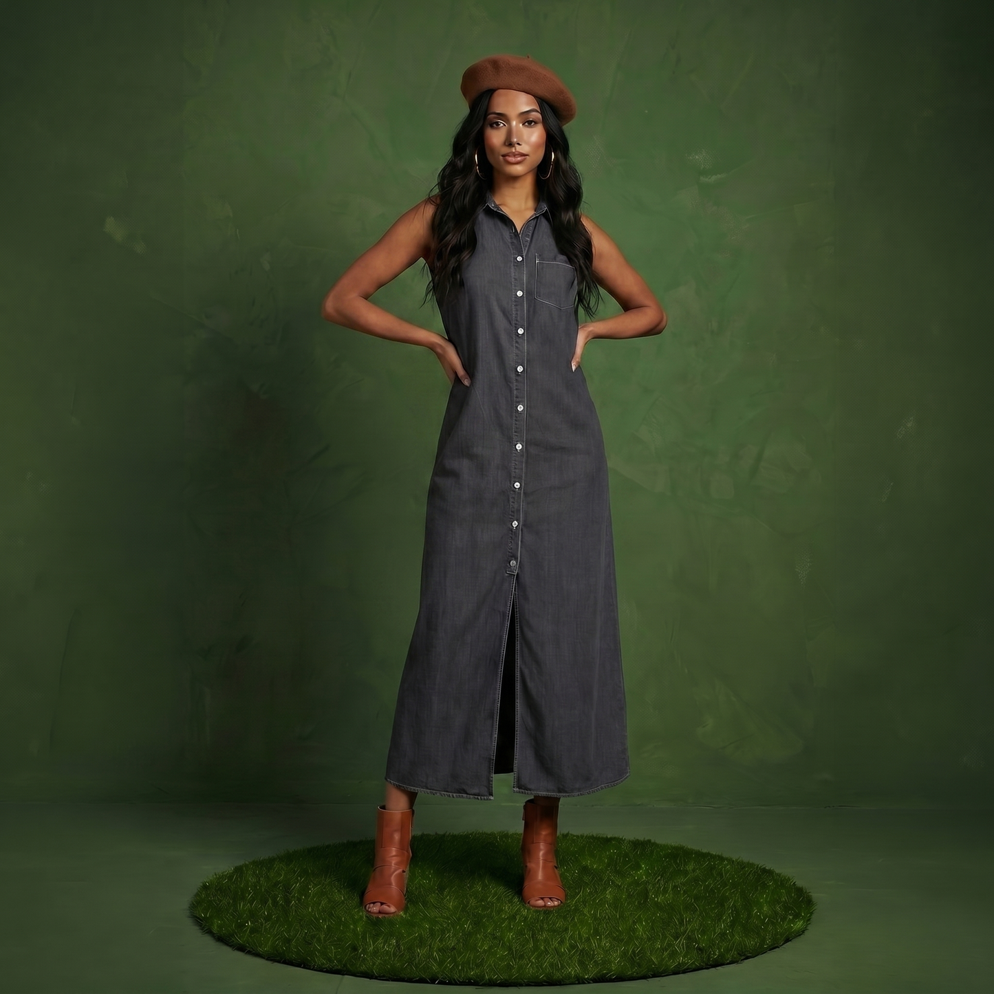 Classic Button-Down Collar Denim Shirt Dress