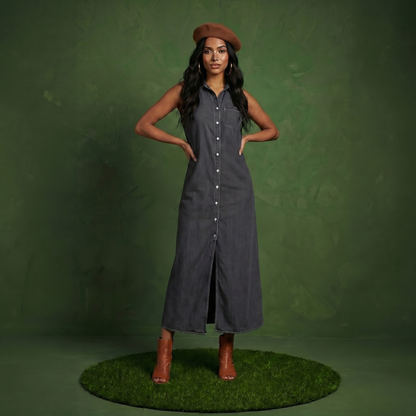 Classic Button-Down Collar Denim Shirt Dress