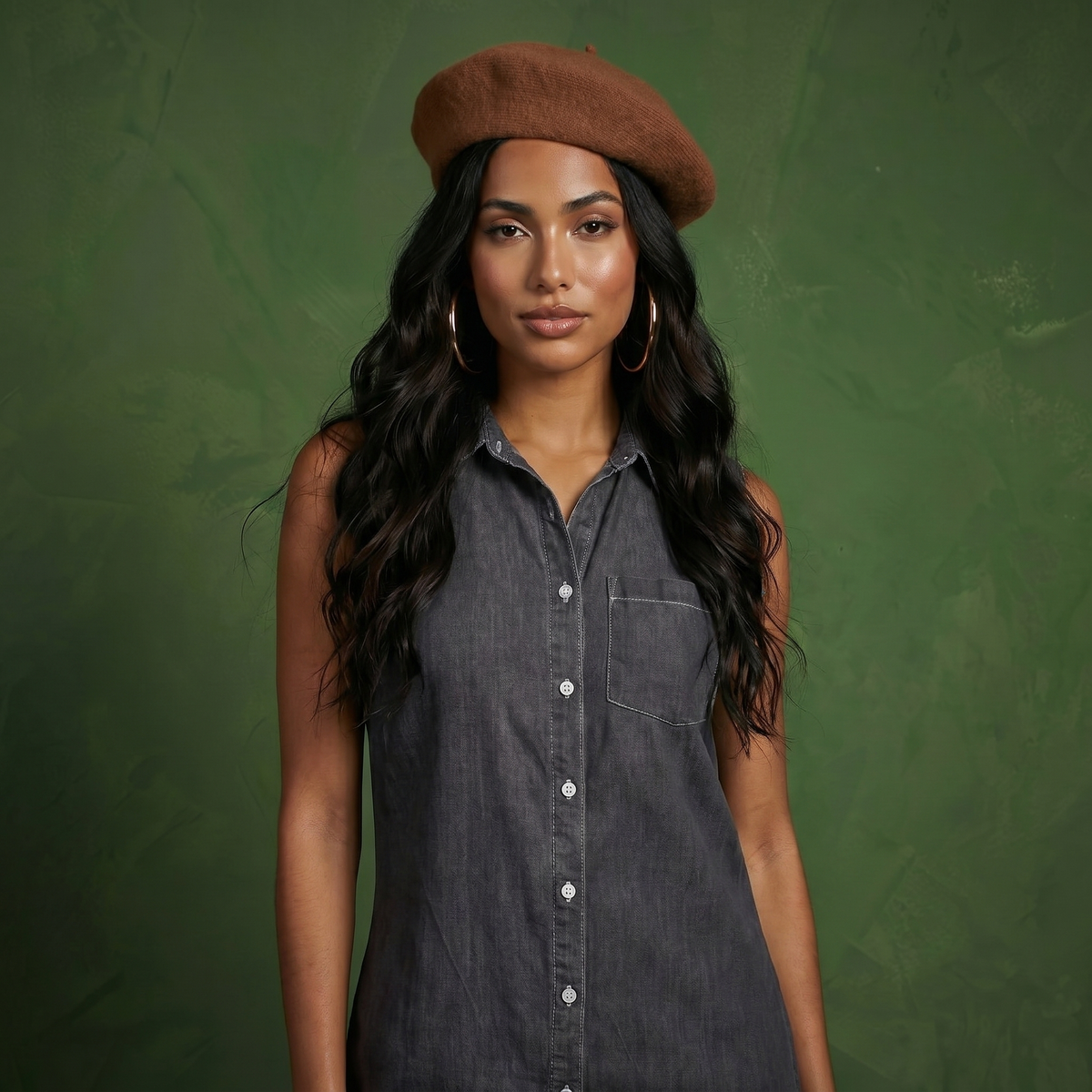 Classic Button-Down Collar Denim Shirt Dress