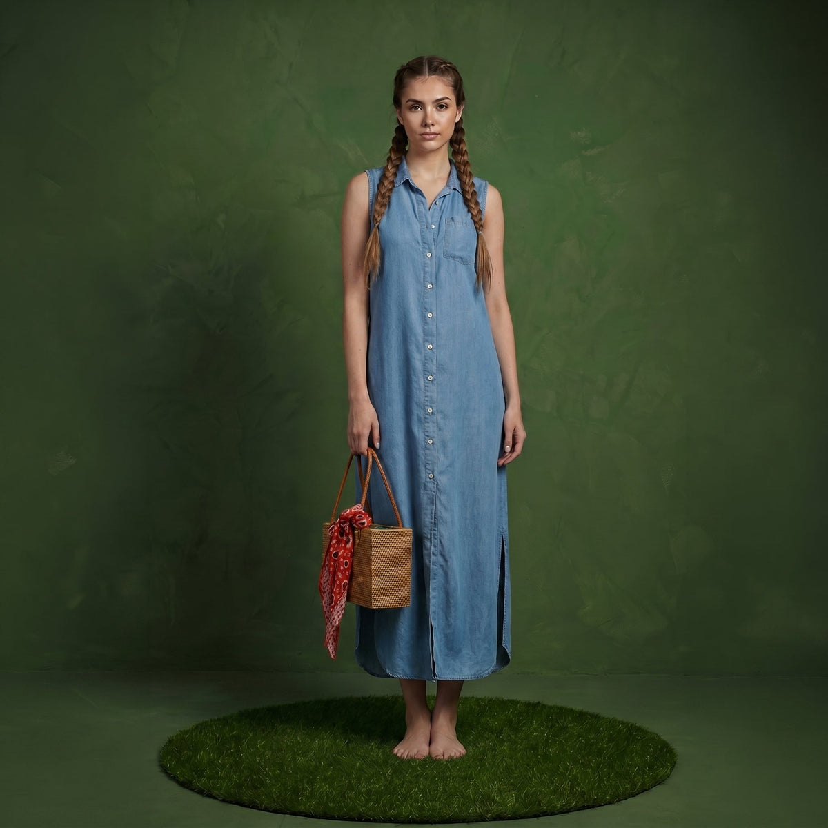 Classic Button-Down Collar Denim Shirt Dress