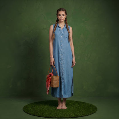 Classic Button-Down Collar Denim Shirt Dress