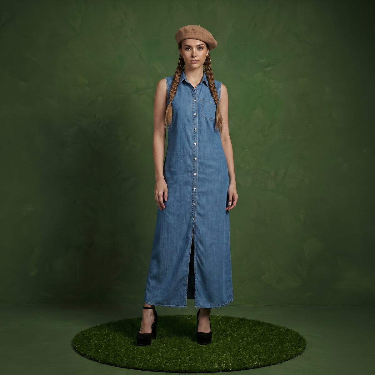 Classic Button-Down Collar Denim Shirt Dress