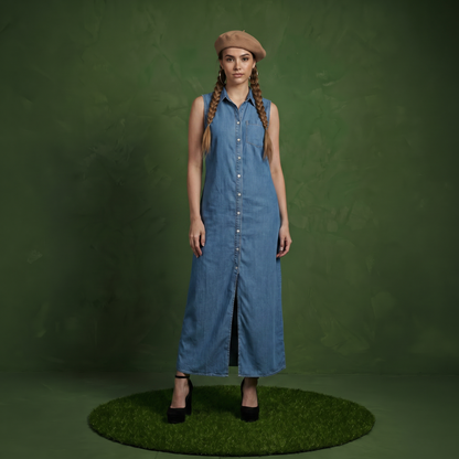 Classic Button-Down Collar Denim Shirt Dress