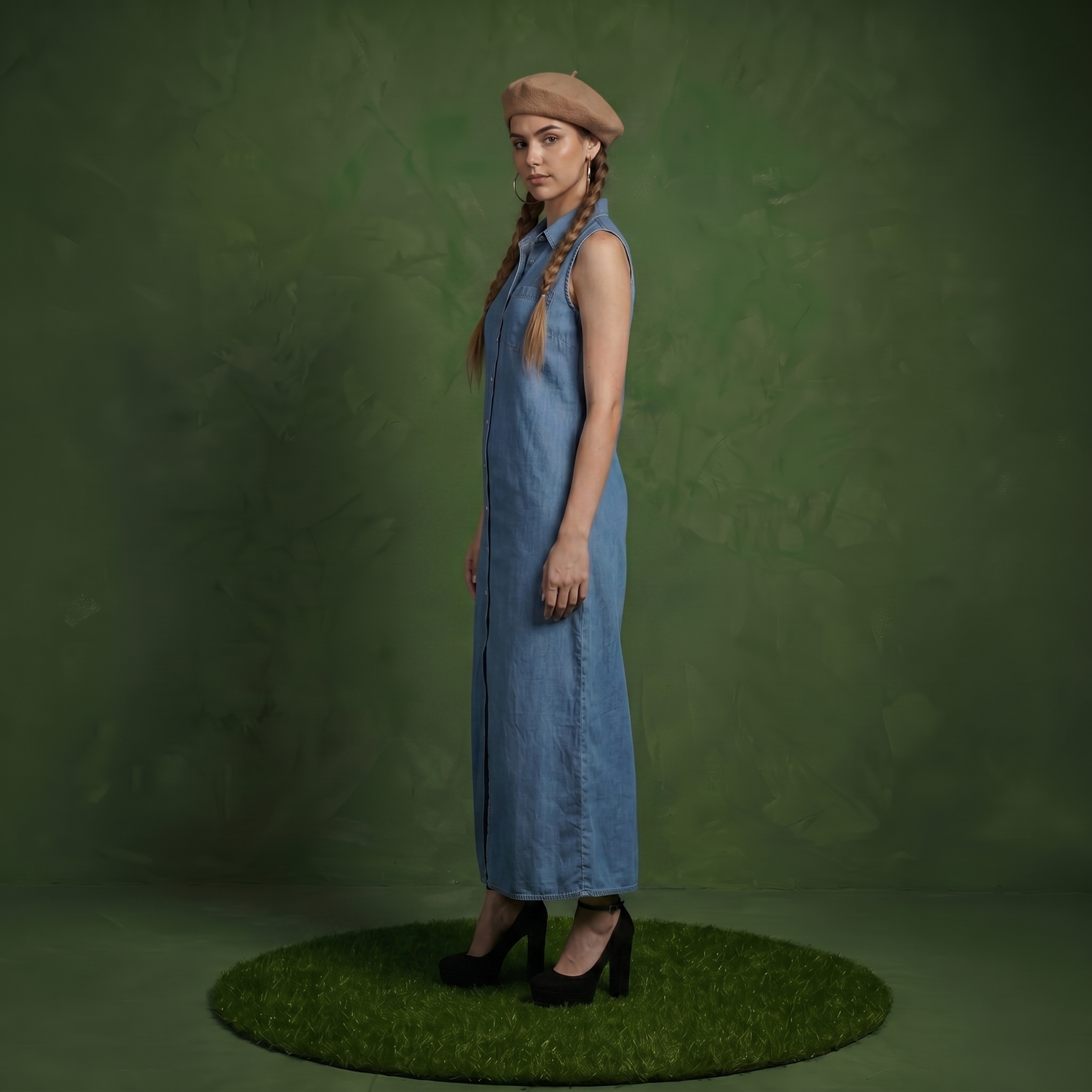 Classic Button-Down Collar Denim Shirt Dress
