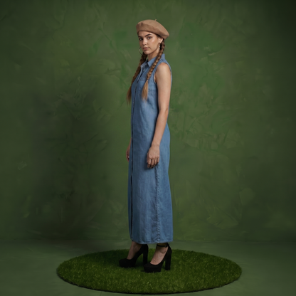 Classic Button-Down Collar Denim Shirt Dress