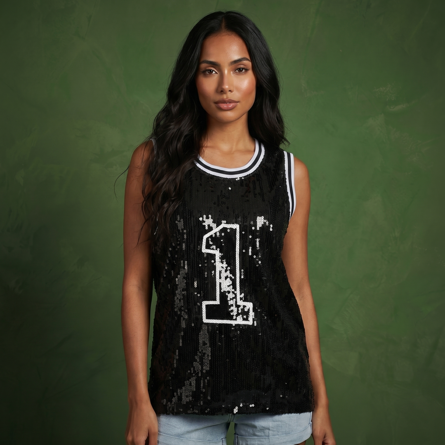 Sparkle Glitter Hip Hop Number 1 T-Shirt Top Blouse Tunic Sequins Basketball Tank Vests